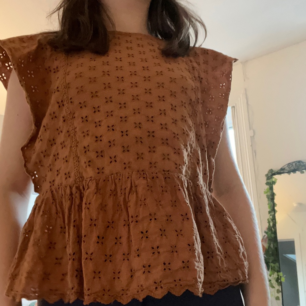 Zara Girls Brown Eyelet Ruffle Top